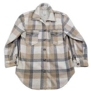 Joie Womens Plaid Shacket Sz Medium Soft Fleece Pockets Tan Buttons Long Sleeve